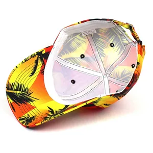 Lightweight baseball cap featuring a sunset palm tree print with interior sweatband details