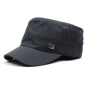 Breathable flat top army cap with mesh panels and 95 metal logo for outdoor sports