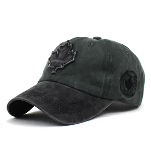 Detail shot of the vintage washed cotton baseball cap with maple leaf patch and side logo