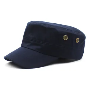 Detail of dark blue cotton cadet cap featuring metal side vents and reinforced stitching