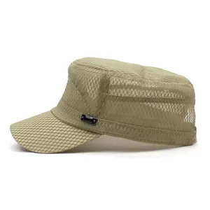 Men's khaki mesh military cap featuring breathable fabric and a flat top for outdoor sun protection