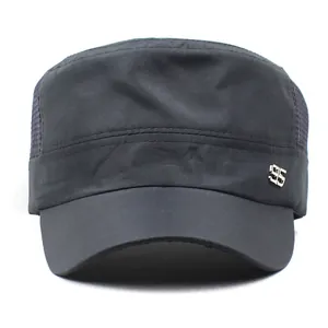 Black mesh breathable military cadet cap with silver SS metal logo and adjustable strap