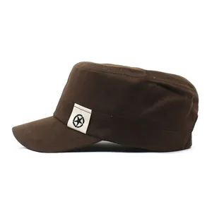 Brown canvas military flat top cap with star patch for outdoor sun protection