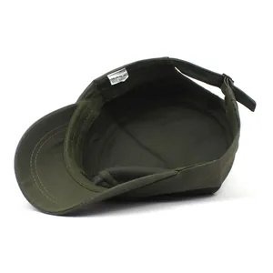 Army green cotton flat top cadet hat showing internal structure and 100% cotton label