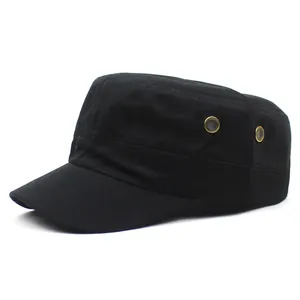 Detail view of black cotton cadet cap featuring side metal ventilation eyelets for breathability