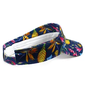 Detail view of tropical floral visor with soft inner sweatband and adjustable back strap