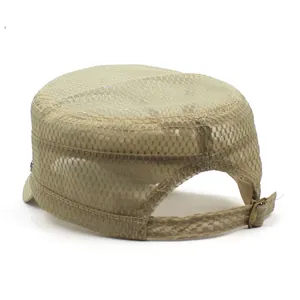 Khaki mesh army cap with adjustable metal buckle back view for outdoor sun protection