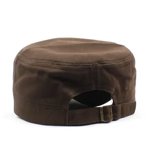 Rear view of brown cadet cap showing adjustable metal buckle strap and stitching details