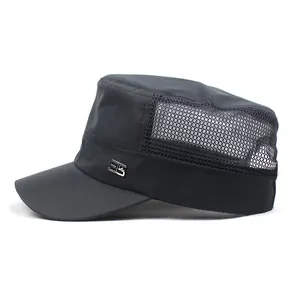 Detail of dark grey military cap featuring breathable honeycomb mesh side and silver 95 logo