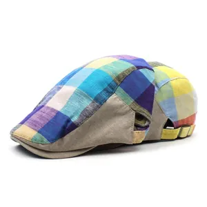 Unisex thin checkered flat cap with colorful plaid patchwork and adjustable metal buckle