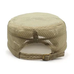 Rear view of breathable khaki mesh cadet hat showing adjustable strap with metal buckle