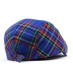 Classic British plaid beret in royal blue cotton with adjustable metal buckle back