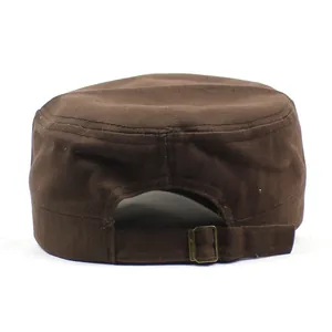 Adjustable back detail of brown cotton military cap with premium metal buckle strap