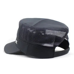 Detail view of the breathable mesh fabric and adjustable buckle on this black cadet cap