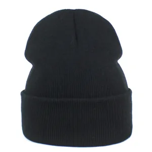 Close-up of black ribbed knit beanie showing high-elasticity acrylic texture and folded cuff