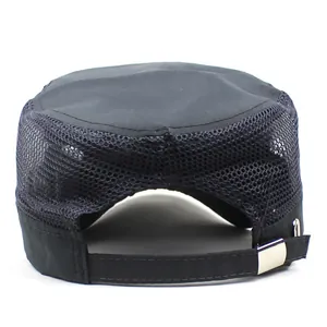 Adjustable black flat top military cap with breathable mesh back and metal buckle