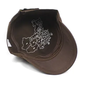 Dark brown military flat top cap with cotton lining featuring a map of China print