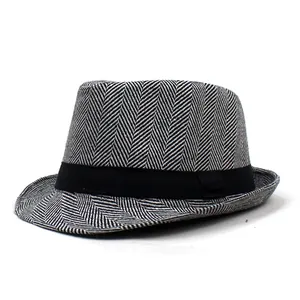 Classic men's fedora hat featuring black and white herringbone pattern with black ribbon band
