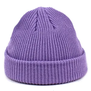 Purple knit miki hat for men and women with chunky rib stitch and rolled cuff