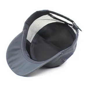 Dark grey breathable mesh flat top military cap with adjustable back strap for summer