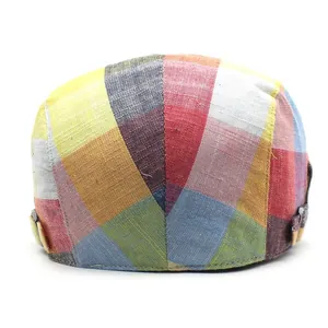 Unisex thin checkered newsboy cap with multi-color patchwork and metal side buckles