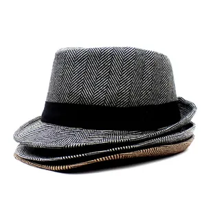 Classic men herringbone fedora hat with wide brim and decorative black ribbon trim