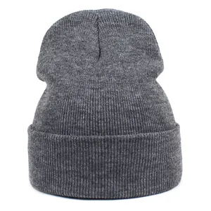 Detail of dark grey ribbed knit beanie showing textured acrylic fabric and cuffed hem