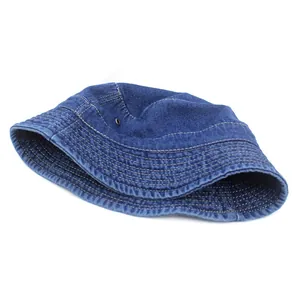Classic blue denim bucket hat with decorative stitching and metal ventilation eyelets