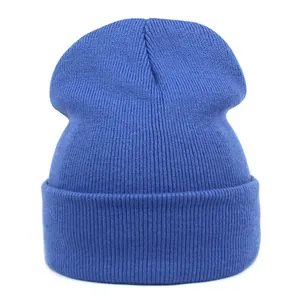 Macro detail of royal blue acrylic knit beanie showing fine ribbed texture and wide cuff