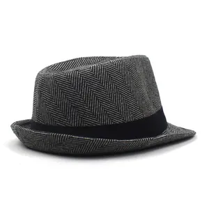 Classic herringbone wool fedora hat with black ribbon band for men's vintage style