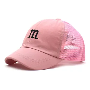 Pink kids mesh baseball cap with embroidered letter m and adjustable sun shade visor