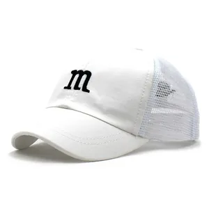 Detailed view of white mesh baseball cap featuring black letter m embroidery and stitching
