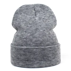 Close-up of marl grey acrylic knit beanie showing ribbed texture and folded cuff detail