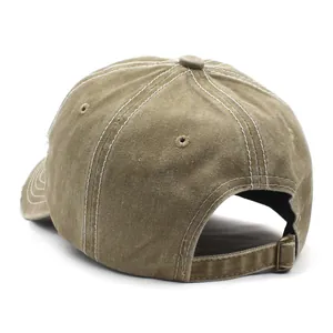 Detailed side view of washed cotton baseball cap with contrast stitching and metal buckle
