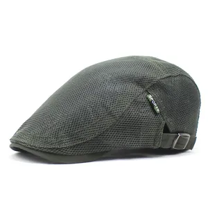 Men's dark green breathable mesh flat cap with SPORTS tag and adjustable metal buckle