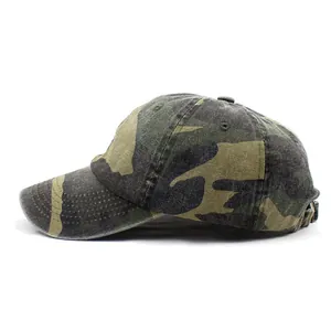 Close-up of military green camouflage cotton twill baseball cap with breathable eyelets
