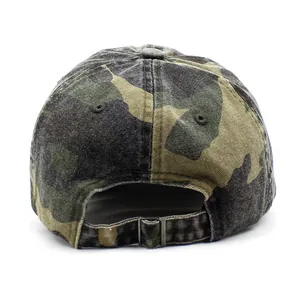 Detail of camouflage baseball cap with metal buckle and adjustable back strap