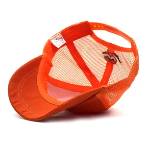 Adjustable orange mesh trucker hat for kids with cartoon eyes and cotton visor
