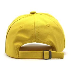 Detailed back view of bright yellow kids adjustable sun hat with metal buckle strap