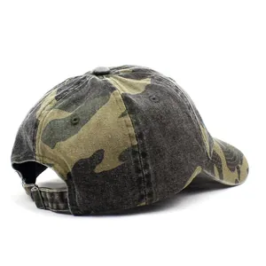 Detailed back view of a washed cotton camo baseball cap with adjustable metal buckle