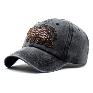 Close-up of the vintage brown bear Yellowstone National Park embroidery on the cap