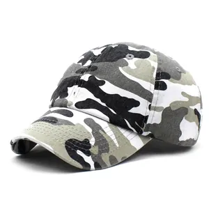 Side view of urban camouflage baseball cap showing six-panel structure and curved brim