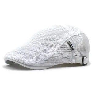 Men's breathable white mesh flat cap with SPORTS embroidery and adjustable metal buckle