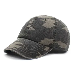 Detailed macro shot of vintage camouflage cotton fabric and stitching on baseball cap