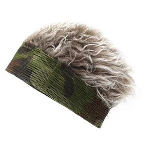 Camouflage mesh wig cap with brown curly hair for sports and parties from 45-degree angle
