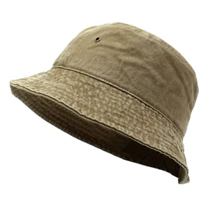 Detail of khaki cotton bucket hat with metal eyelet and reinforced stitched brim