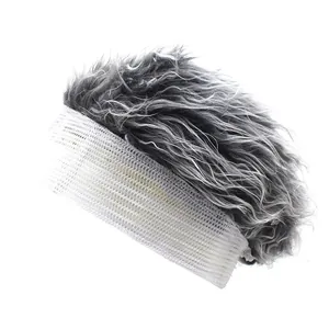 Close-up of grey synthetic hair and white elastic mesh band on the knitted beanie