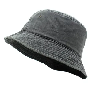 Close-up of retro grey cotton bucket hat with metal eyelet and reinforced brim stitching