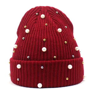 Damen Mode Perlen Verzierte Strickmütze Herbst Winter Outdoor Warm Gerippte Strickmütze Mit Kunstperlen Und Metallperlen Dekorative Süße Häkelmütze Für Damen