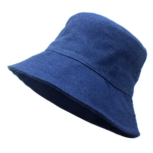 Unisex Cotton Denim Bucket Hat Sun Protection Wide Brim Fisherman Hat Solid Color Wash Blue Outdoor Travel Basin Cap